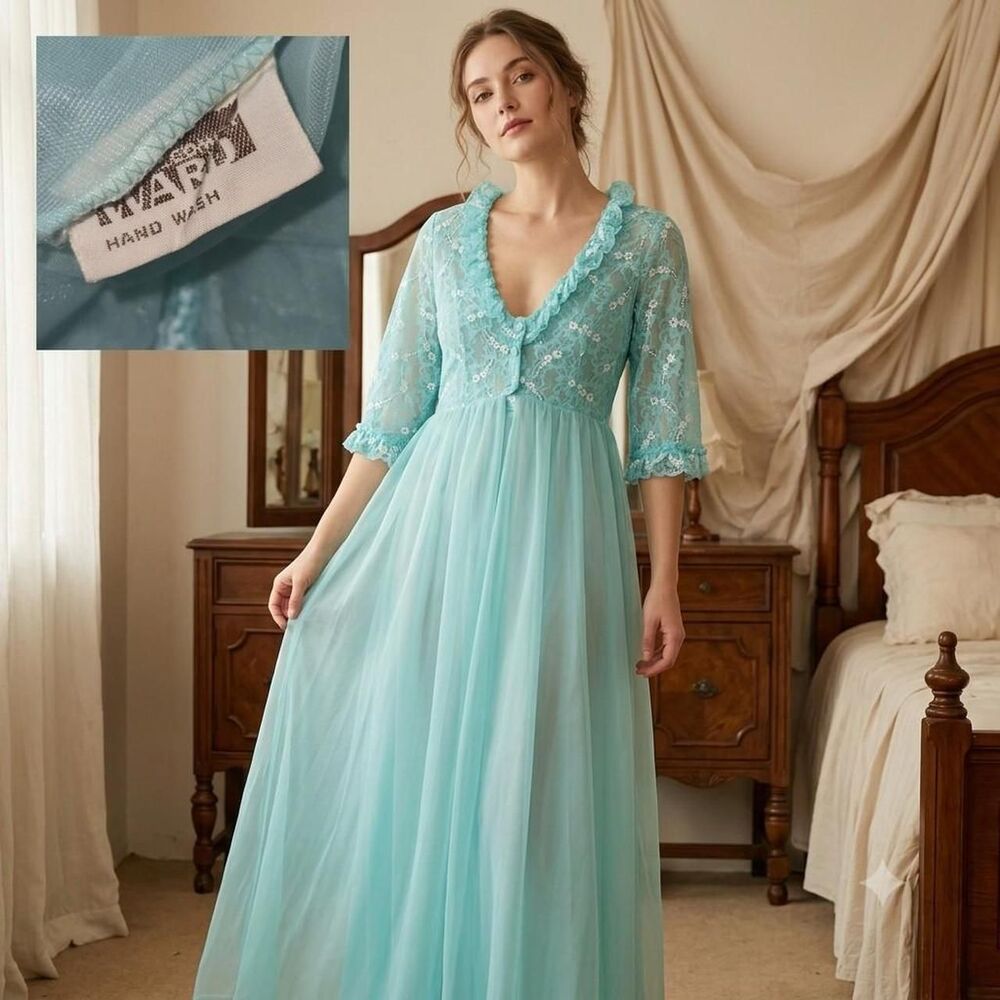 Aqua Lace Peignoir Gown Dress Small S fairycore Whimsigoth sheer coquette 70s